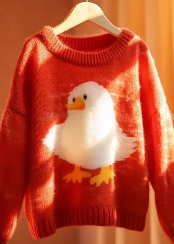 Take Action Women Red O Neck Little Duck Cotton Knit  Sweaters Long Sleeve