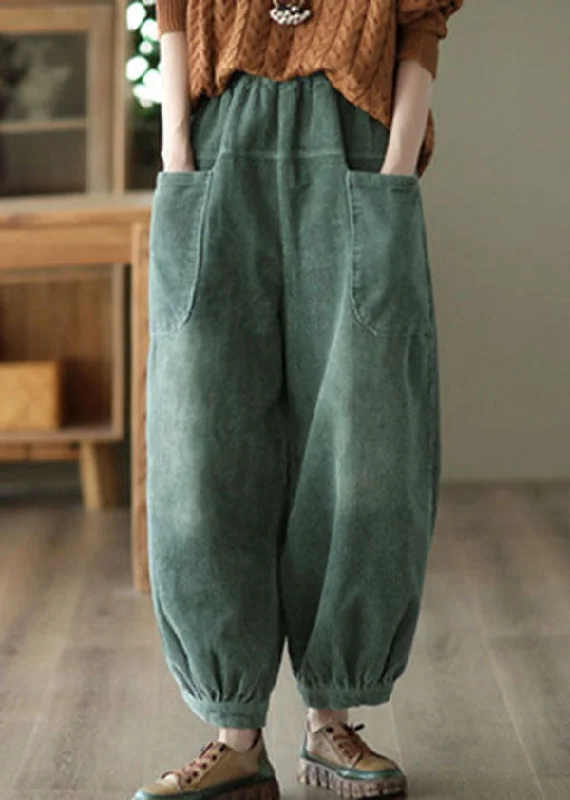 Weekend Offers That Delight Unique Green Elastic Waist Oversized Pockets Warm Fleece Pants Winter