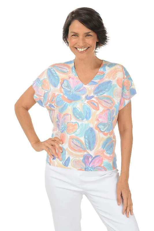 Cash Savings Flower Buds V-Neck Short Sleeve Sweater