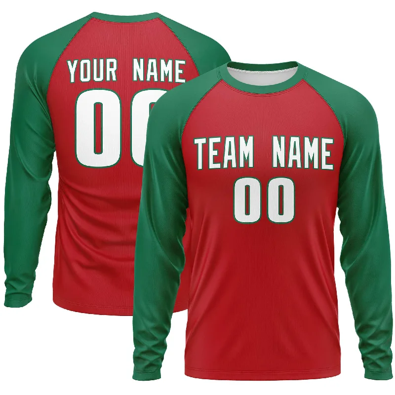 Custom Red Kelly Green Crew Neck Raglan Long Sleeve Performance T-Shirt