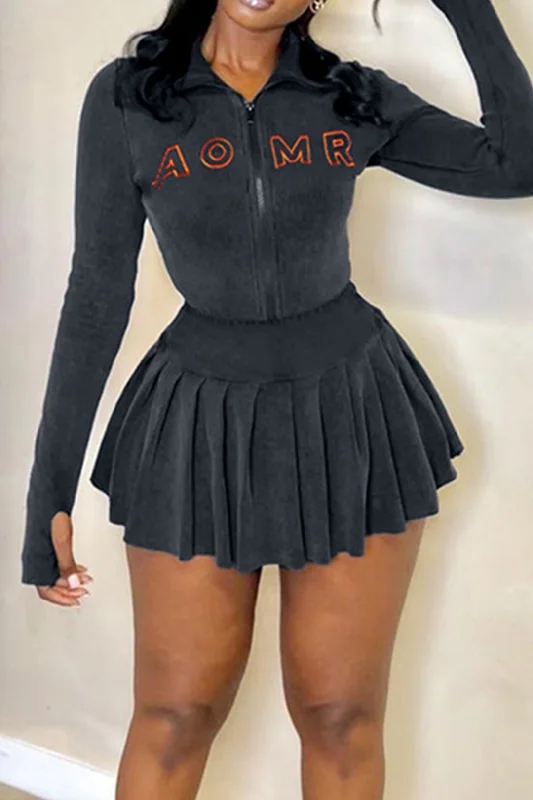 Special Buy Letter Embroidered Rib Knit Stand Collar Zipper Crop Cardigan And Pleated Mini Skirt Set