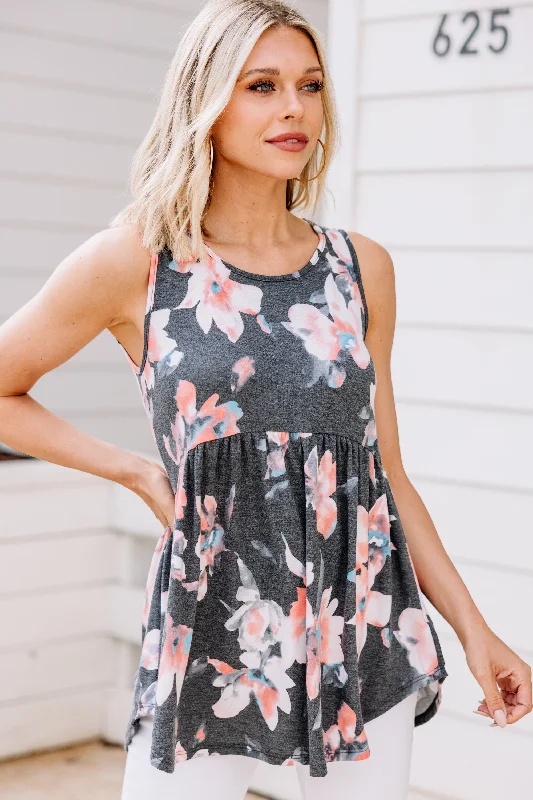 Reduced Prices What A Lovely Life Charcoal Gray Floral Tank