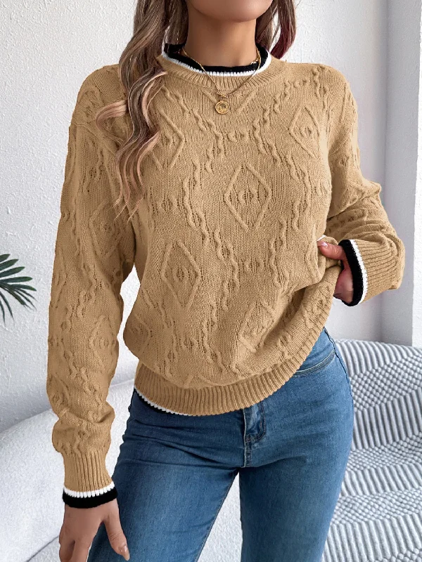 Super Sale Contrast Trim Round Neck Long Sleeve Sweater