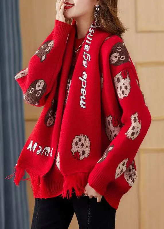 Major Savings Red Print Chunky Knit Sweater Free Scarf Winter