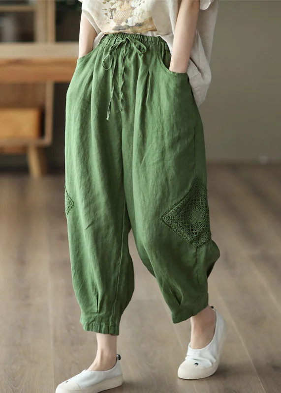 Closeout Style Green Elastic Waist Oversized Pockets Linen Harem Pants Fall
