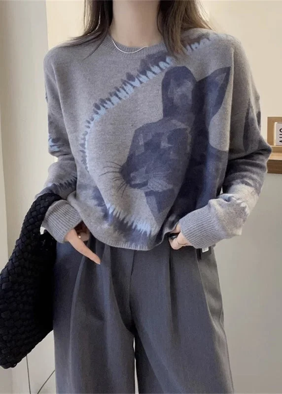 Lowest Price Chic Grey O Neck Animal Print Thick Woolen Sweaters Fall