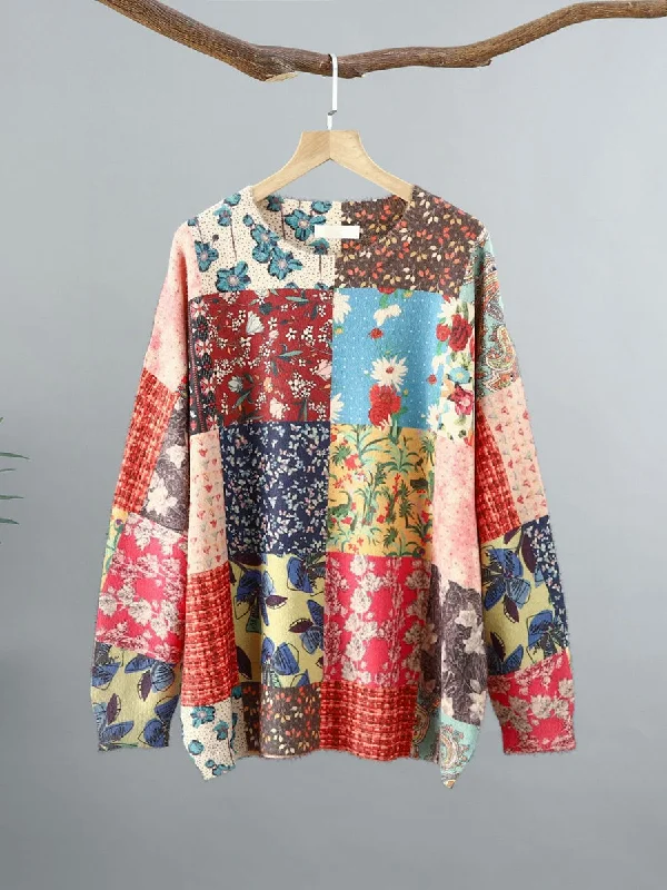 Hot Buy Women Ethnic Flower Patch Spliced O-Neck Sweater