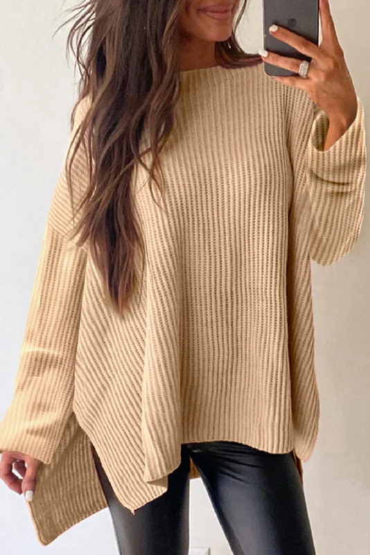 Unwind with Weekend Discounts Side Slit Round Neck Long Sleeve Sweater