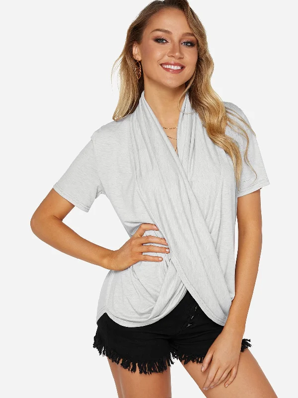 Weekend Specials to Cherish Custom V-Neck Crossed Front Short Sleeve Irregular Hem Grey T-Shirts