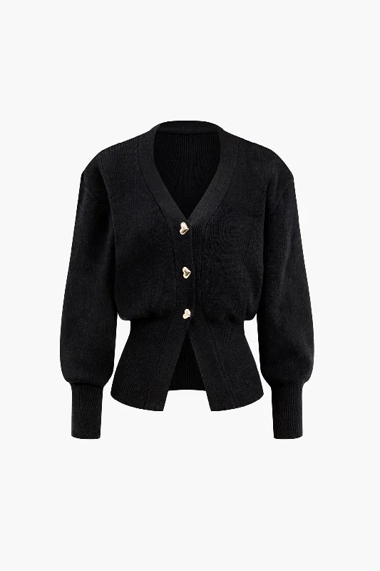 Celebrate the Weekend with Discounts Heart Button Balloon Sleeve Sweater Cardigan