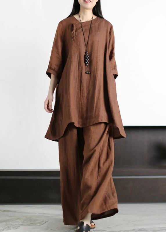 Weekend Offers That Amaze Vintage Chocolate Asymmetrical Linen Tops And Wide Leg Pants Half Sleeve
