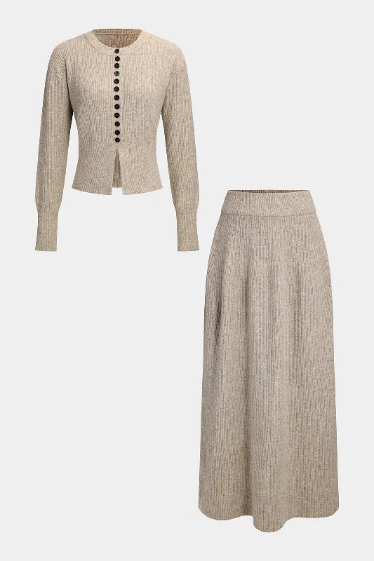 Online Exclusive Knit Button Round Neck Long Sleeve Cardigan And Skirt Set
