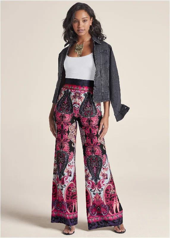 Inventory Reduction Wide Leg Paisley Print Pant - Pink Multi