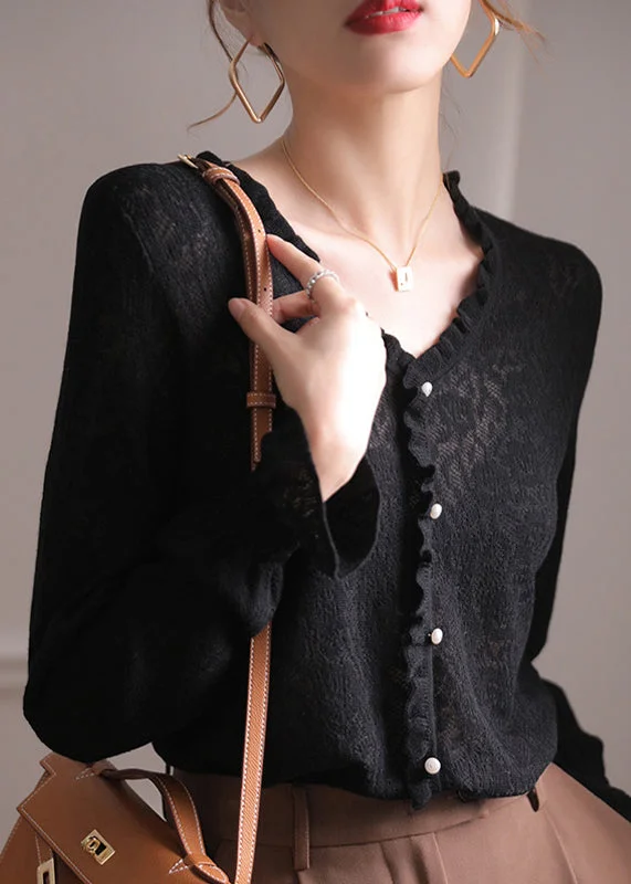 Sale Event Fashion Black V Neck Ruffled Hollow Out Lace Knit Top Flare Sleeve