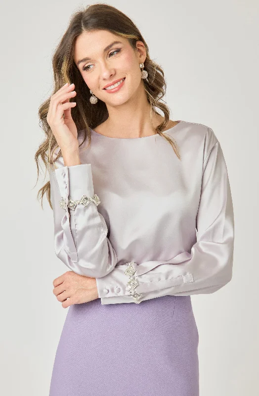 Weekend Specials to Cherish Long Sleeve Satin Blouse with Rhinestone Cuffs