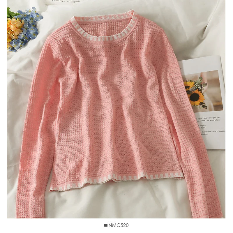Savings Alert Slim and slim round neck sweater top women's new color matching bottom shirt  2040