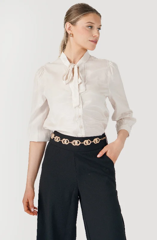 Weekend Deals That Spark Satin Buttoned-Down blouse with Ribbon necktie