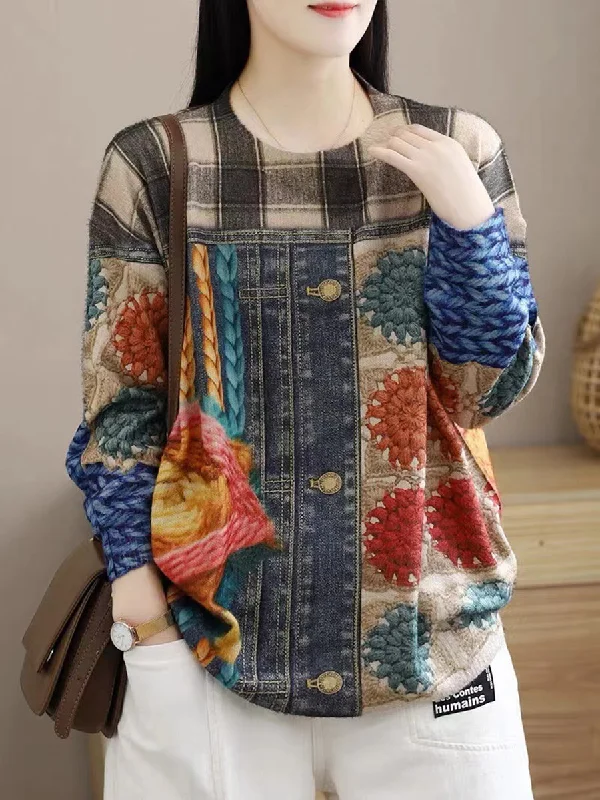 Year-End Sale Women Vintage Winter Spliced O-Neck Warm Sweater