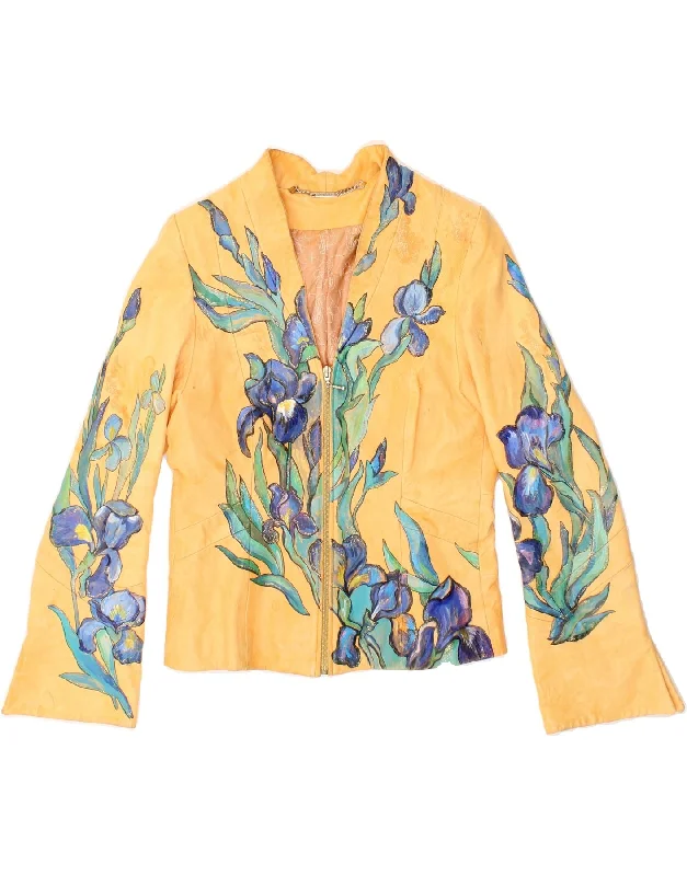 Flash Deal VINTAGE Womens Leather Jacket UK 10 Small Yellow Floral