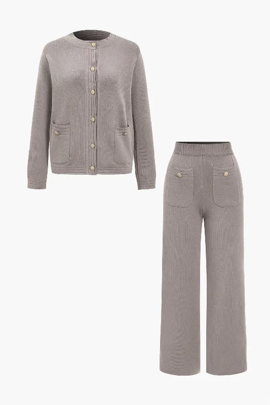 Unwind with Weekend Discounts Sweater Button Pocket Round Neck Long-Sleeve Cardigan And Trousers Set