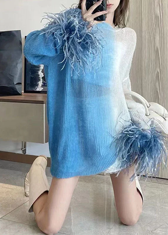 Weekend Offers That Sizzle French Gradient Color Blue O-Neck Cozy Thin Cotton Knit Sweater Long Sleeve Weekend Offers That Sizzle French Gradient Color Blue O-Neck Cozy Thin Cotton Knit Sweater Long Sleeve