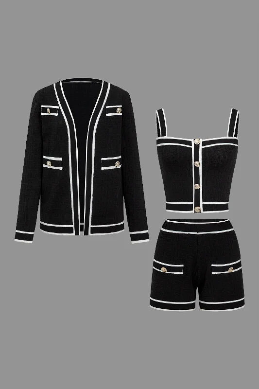 Sale Alert Color Block Button Cami Top And Shorts And Sweater Cardigan Set