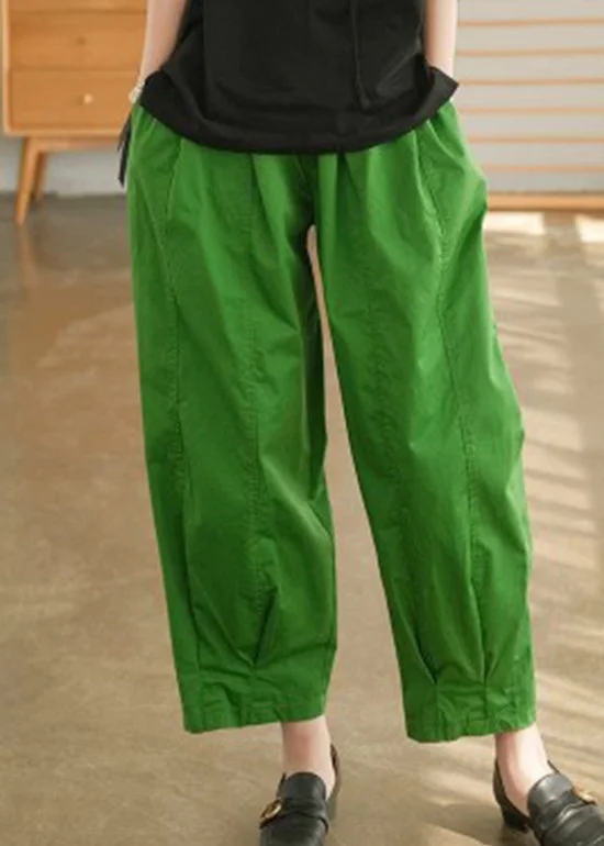 Lowest Price Stylish Green Elastic Waist Drawstring Pockets Cotton Harem Pants Spring