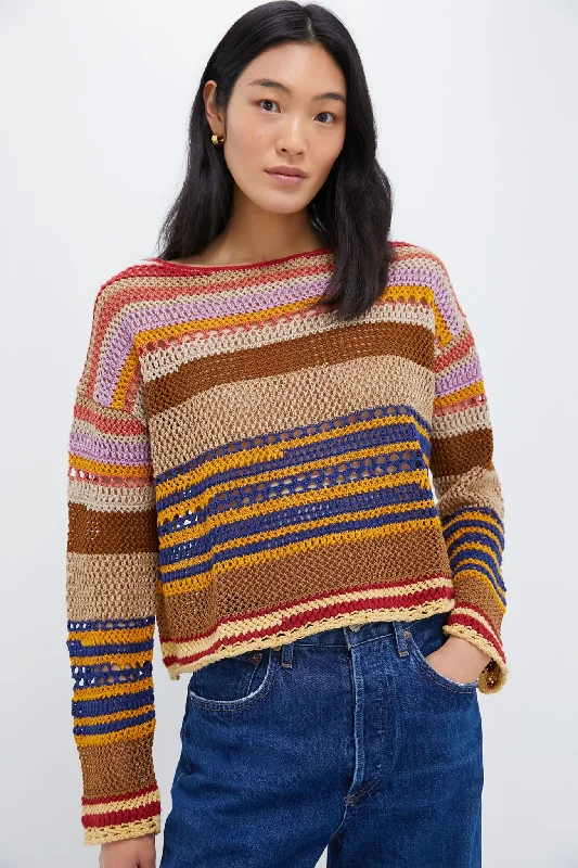 Epic Deals Tan Multi Linen Blend Stripe Long Sleeve Pullover