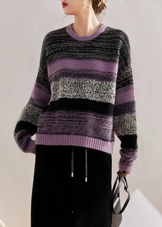 Price Reduction Women Purple O Neck Patchwork Cozy Cotton Knit Sweaters Fall