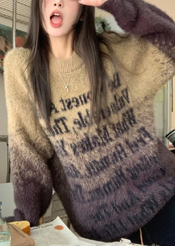 Weekend Savings Sensation Loose Coffee O Neck Letter Patchwork Mink Velvet Sweaters Fall