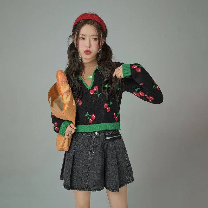 Daily Deals Cherry Polo Collar Colored Crop Knit Sweater