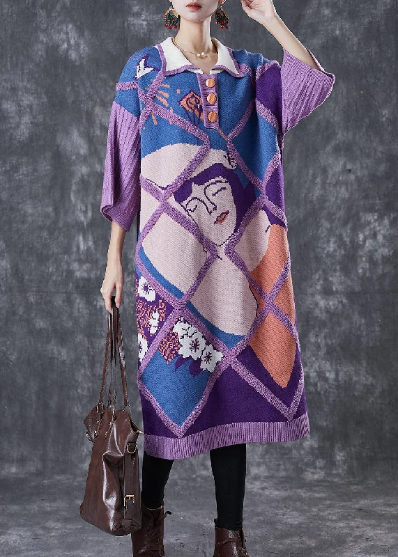 Weekend Bargains Galore Casual Purple Peter Pan Collar Print Knit Long Sweater Half Sleeve