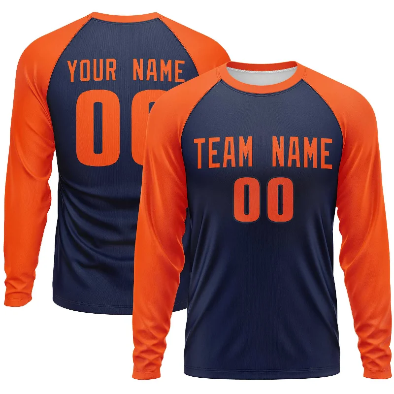 Custom Navy Orange Crew Neck Raglan Long Sleeve Performance T-Shirt