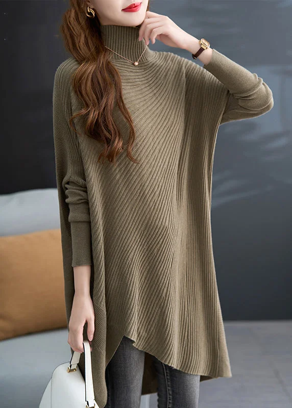 Limited Stock Plus Size Khaki Green Hign Neck Asymmetrical Knit Sweater Fall