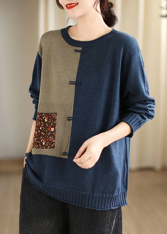 Sale Event Blue O-Neck Button Cozy Cotton Knit Sweater Long Sleeve