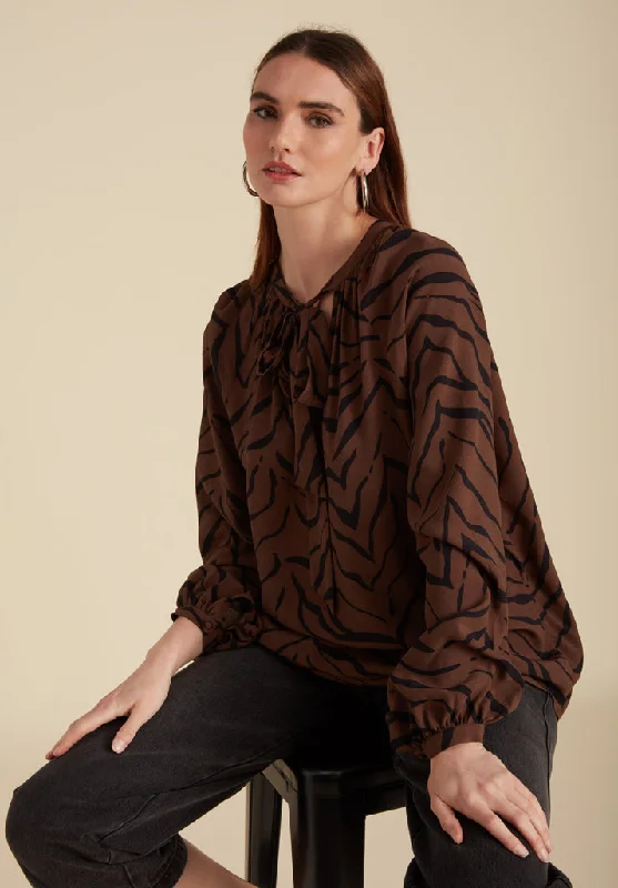 Super Sale Helena Bow Detail Tiger Print Blouse In Brown