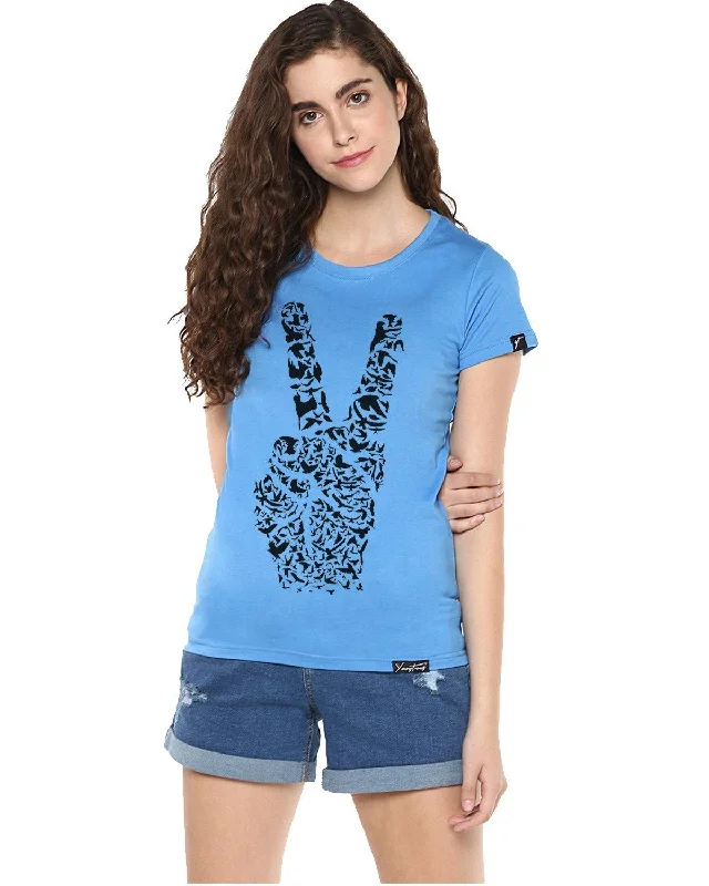 Weekend Savings Extravaganza Womens Half Sleeve Peace Printed Blue Color Tshirts