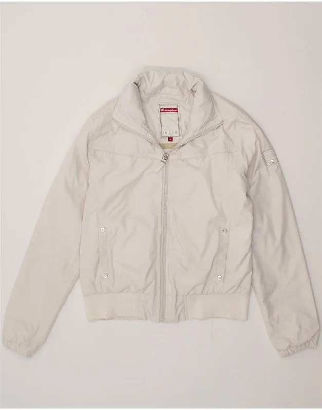 Members Only CHAMPION Womens Hooded Bomber Jacket UK 14 Medium White Polyester