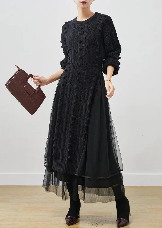 Weekend Savings Sensation Chic Black Side Open Knit Sweater Dress And Tulle Skirt Two Pieces Set Winter