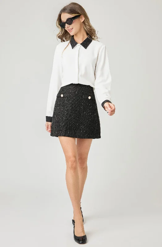 Price Smash Buttoned-Down blouse with Bouclé Collar and Cuffs