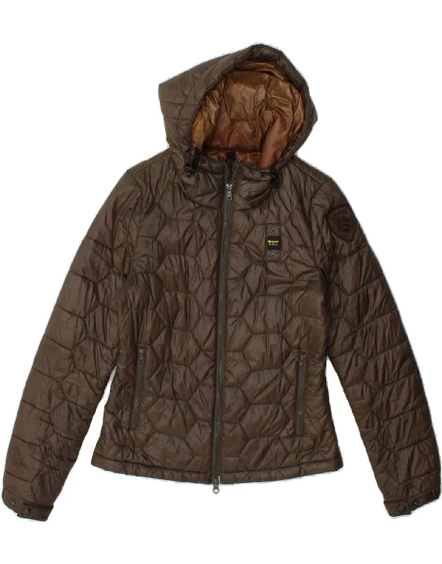 Great Bargain BLAUER Womens Hooded Padded Jacket UK 10 Small Brown Polyamide