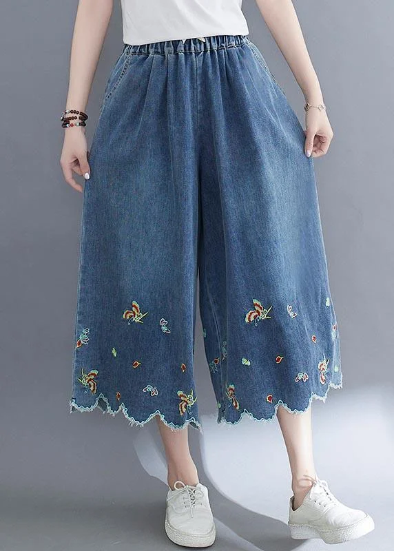 Unmissable Offer Style Blue Embroidered Crop Wide Leg Summer Pants