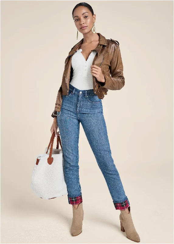 Year-End Deals Plaid Cuff Straight Jeans - Denim Multi