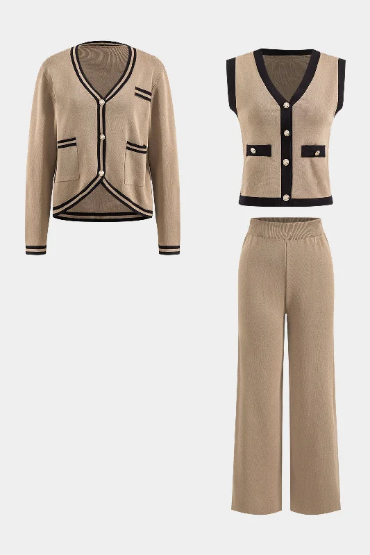 Reduced Price Knit Patchwork Button Long Sleeve Cardigan And Short Sleeve Vest And Trousers Set