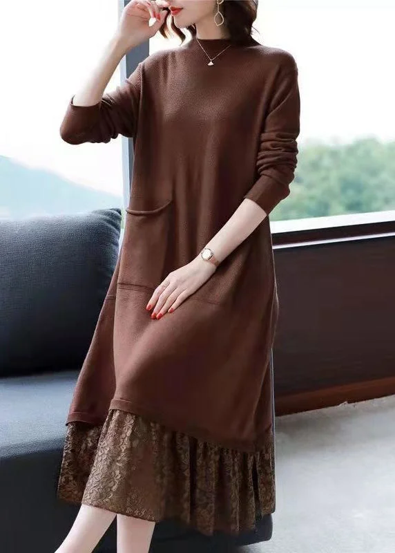 Inventory Reduction Simple Brown Pockets Lace Patchwork Knit Dresses Fall