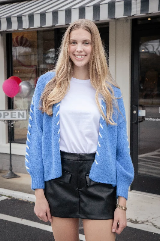 Weekend Shopping Bliss Tierney Stitch Detail Cardigan, Blue-White