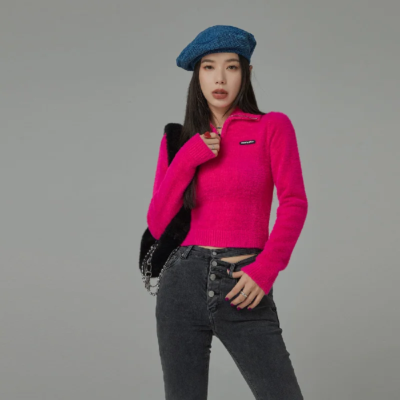 Discount Mania Polo Neck Half Zip-Up Knit Sweater