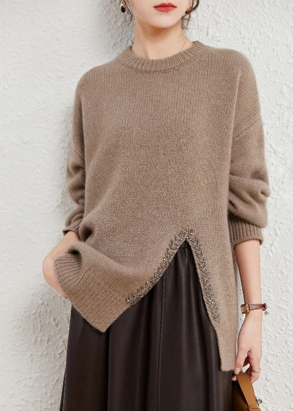Online Exclusive Stylish Camel Asymmetrical Design Wool Cotton Knit Sweater Long Sleeve