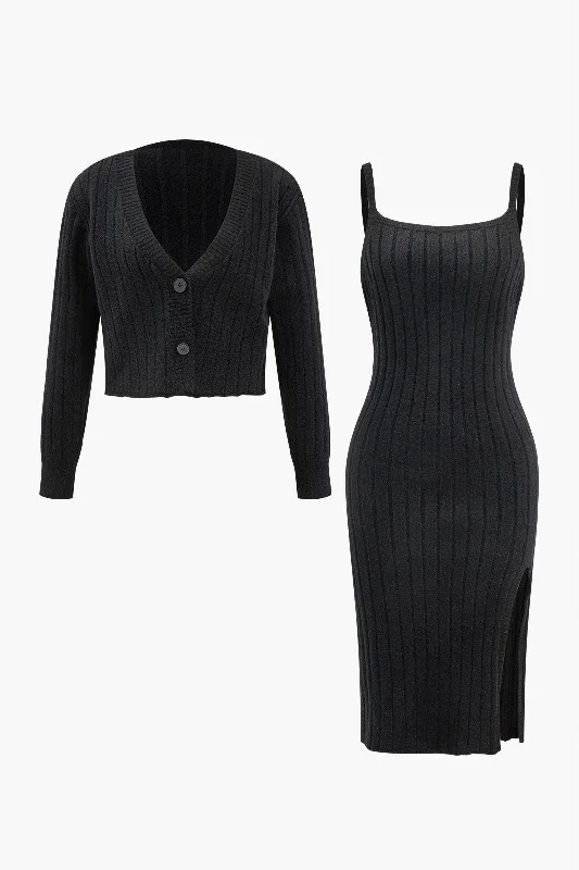 Super Savings V-Neck Long Sleeve Cardigan And Slip Dress Set