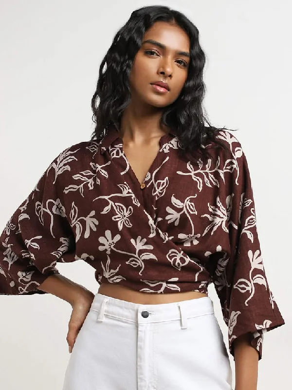 Buy More, Save More LOV Brown Floral Print Blended Linen Blouse